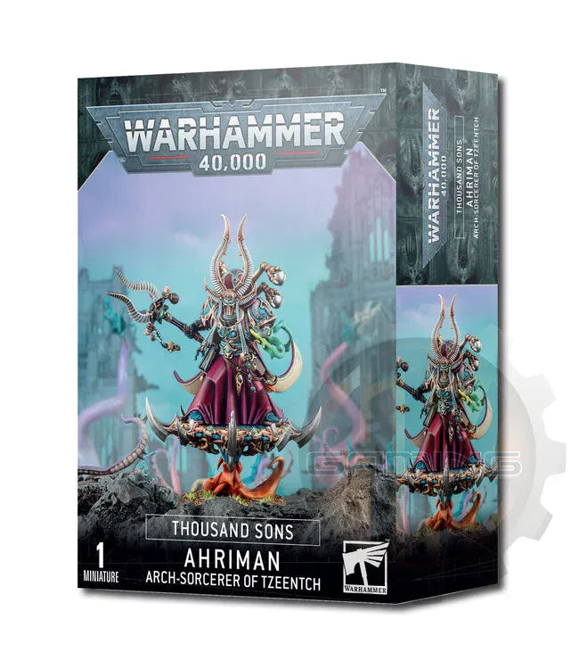Warhammer 40,000 game box featuring Ahriman, an arch-sorcerer of Tzeentch.